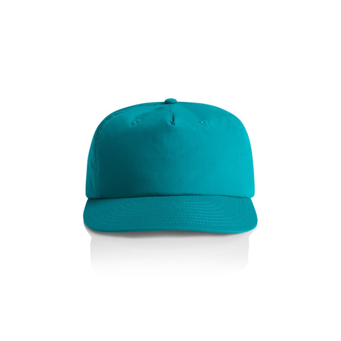 A teal cap with a curved brim and a plain design, featuring a logo on the front.