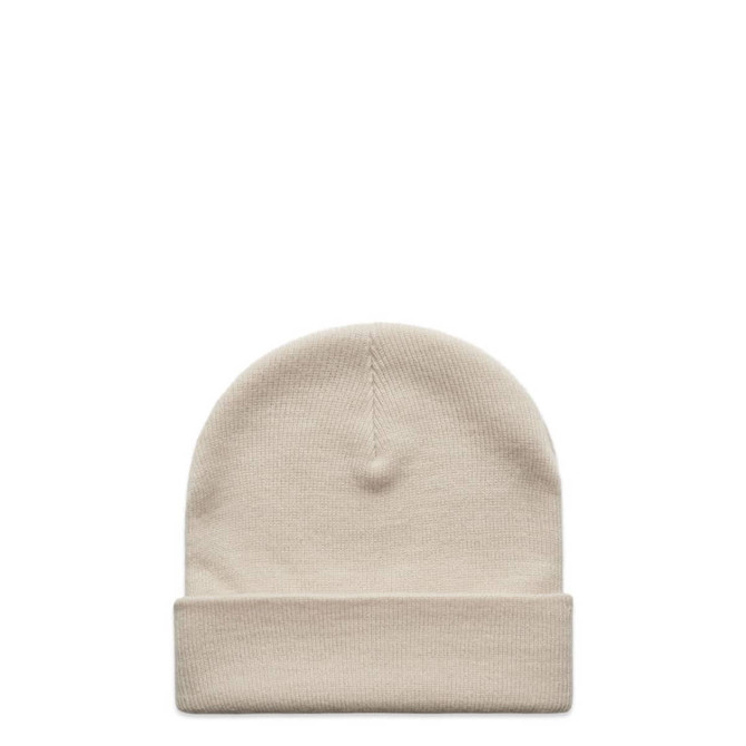 A beige cuff beanie with a folded brim and a seamless design. It features a branding logo.