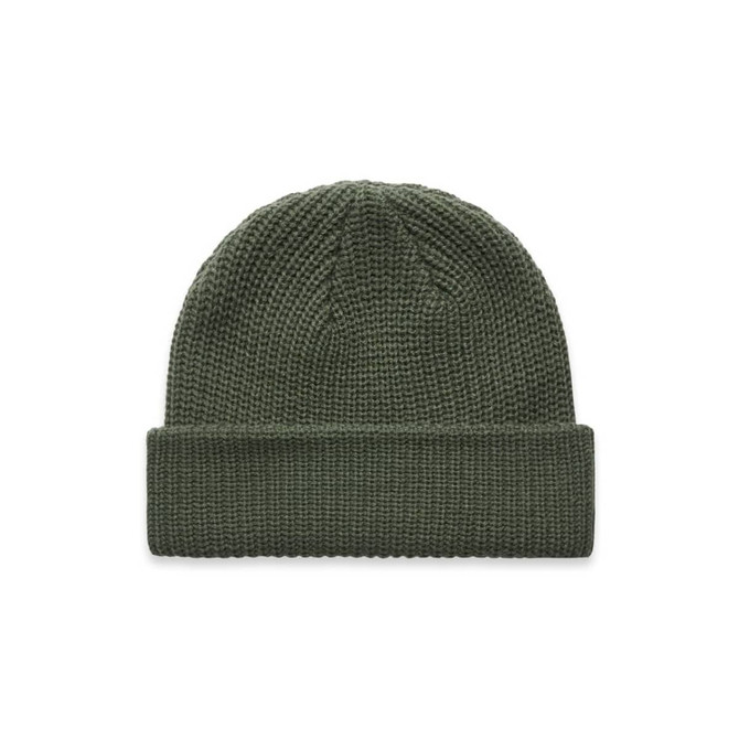 A green knitted beanie with a fold-up brim, featuring a logo on the side.