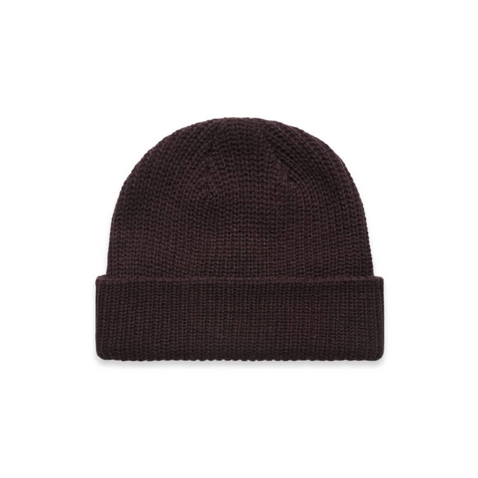 A brown knitted beanie with a turned-up cuff and a logo on the side.