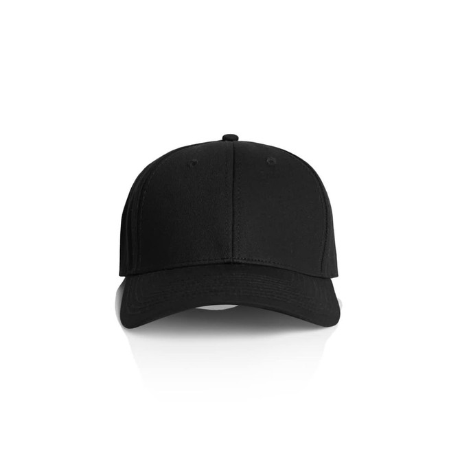 A black cap with a structured front and curved brim, featuring a logo on the front.