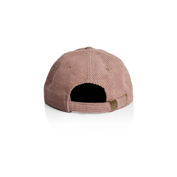 A light brown cord cap featuring a curved brim and an adjustable strap at the back. The cap has a logo.