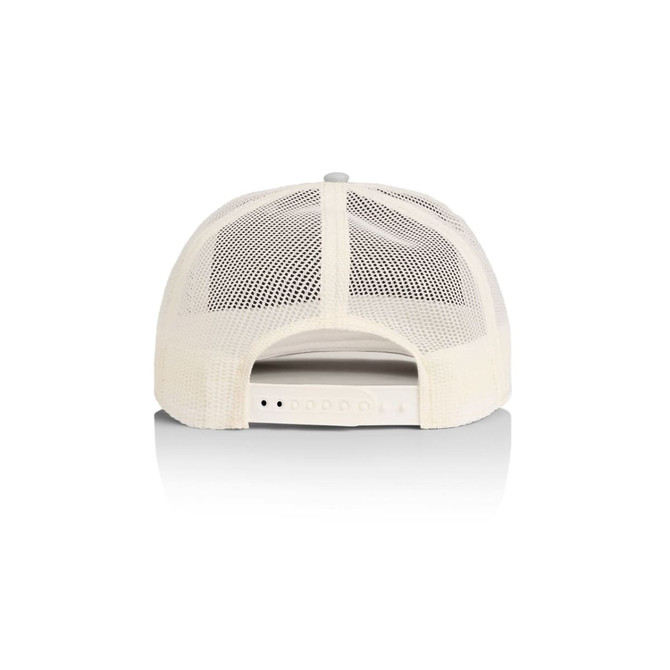 A trucker cap in white with a mesh back and an adjustable strap. Features a logo.
