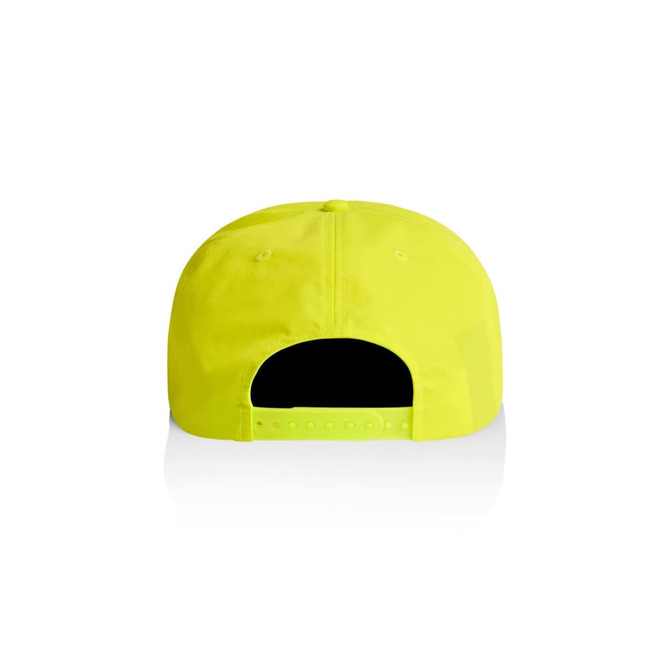 A bright yellow cap with a flat brim and an adjustable snapback closure at the back, featuring a logo.