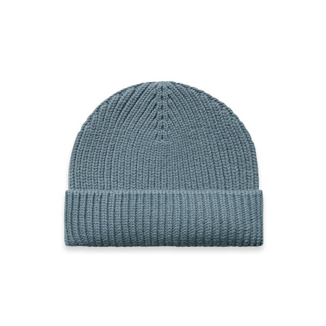 A knitted beanie in a soft blue shade, featuring a ribbed design and a folded cuff. It has a logo on it.