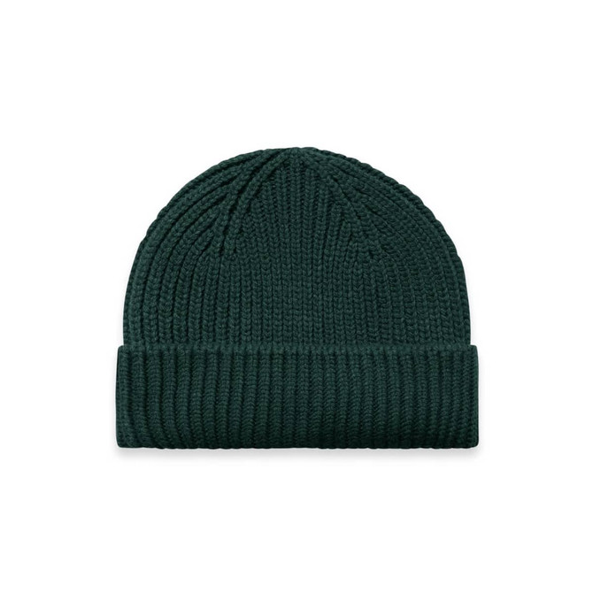 A dark green beanie with a ribbed texture and a folded cuff, featuring a logo.
