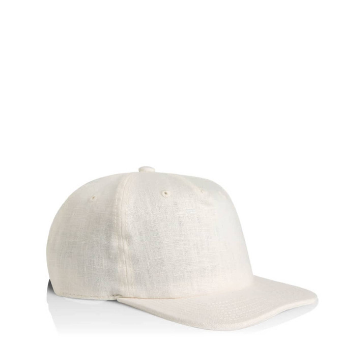 A beige linen cap featuring a solid design and a logo on the front. Ideal for casual wear.