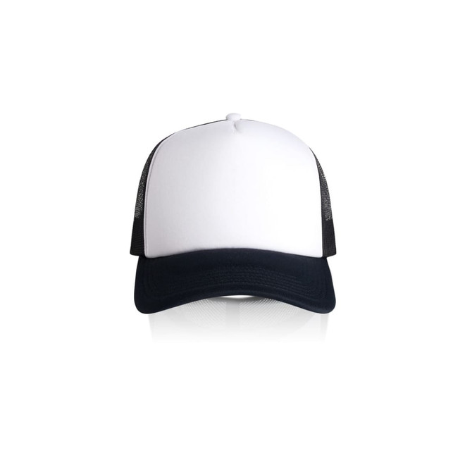 A two-tone trucker cap featuring a white front and black mesh sides. It has a branded logo on the front.