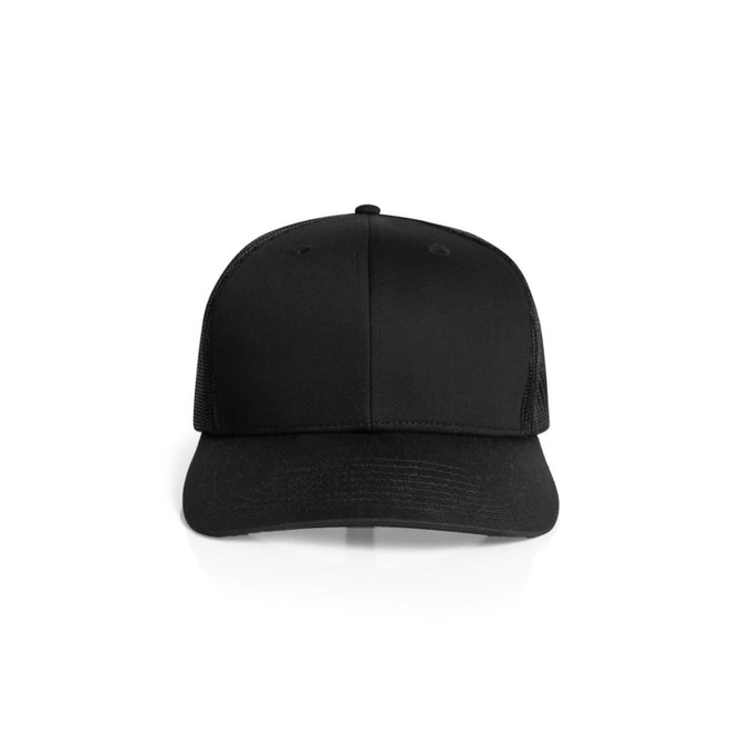 A black mesh trucker cap featuring a solid front and mesh sides. It has one logo on the front.