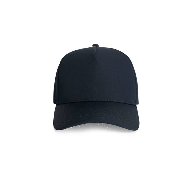 A navy perforated cap featuring a structured design and a curved brim. It includes a branding logo.