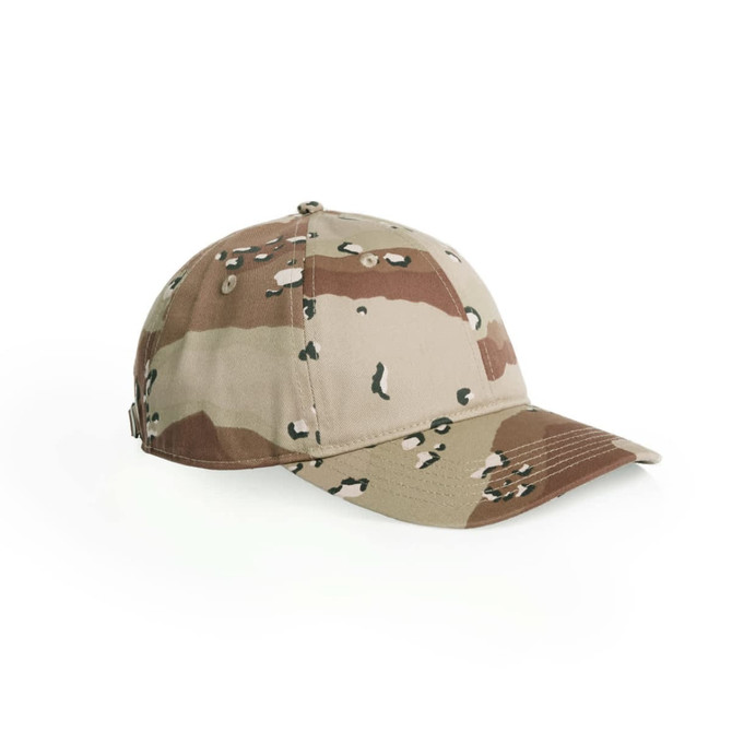 A camouflage cap in shades of brown and beige with stitching details and a branding logo on the side.