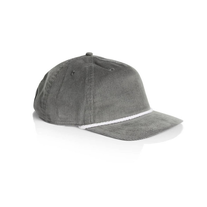 A grey corded cap featuring a white trim and a logo on the front.