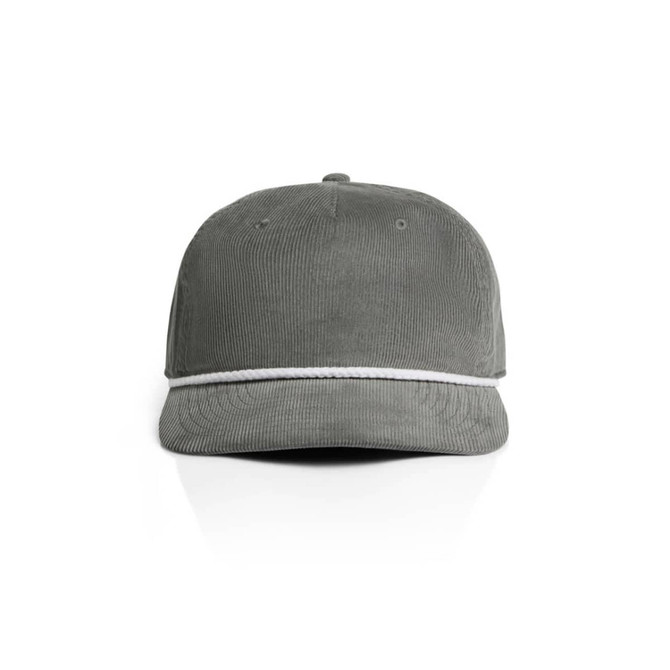 A grey corduroy cap featuring a white rope detail and a logo on the front.