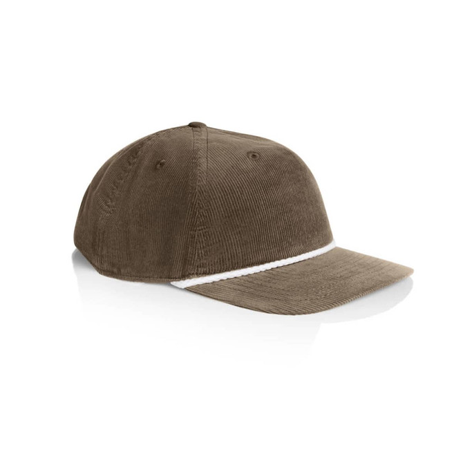 A brown cord cap with a white stripe across the front and a curved brim, featuring a logo on the side.