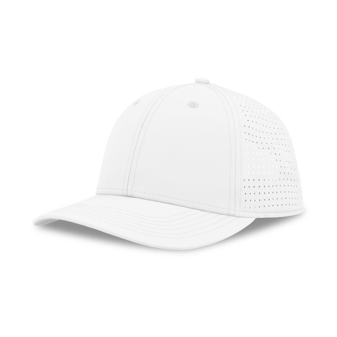 A white baseball cap featuring a perforated design and a structured brim. It has a logo on the side.