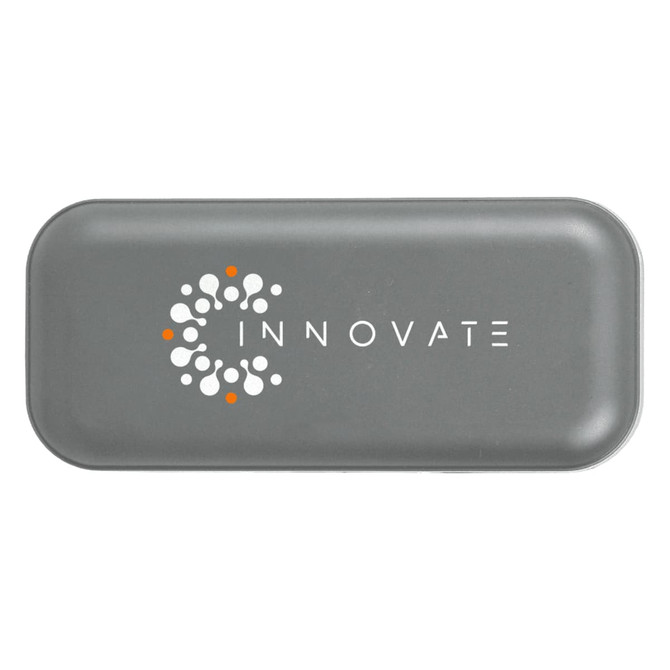 A grey rectangular case with a logo on the front, designed to hold multiple tools.
