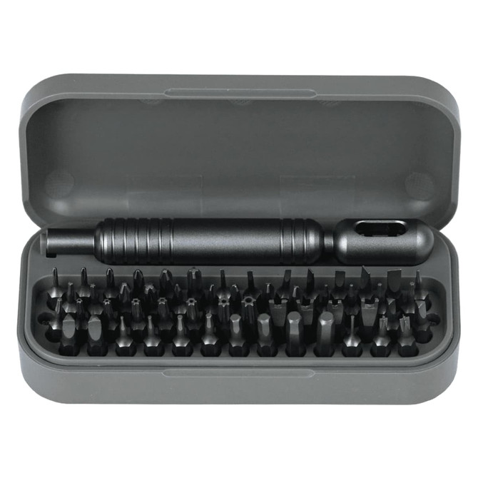 A black 55 in 1 pocket screwdriver tool set with assorted bits in a grey case.