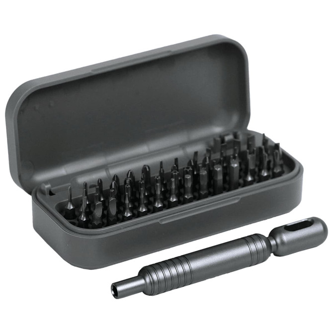 A grey pocket screwdriver tool set with 55 interchangeable bits and a compact storage case.