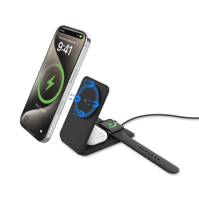 A magnetic wireless charger in black, with a smartphone and earphones docked, featuring a brand logo.