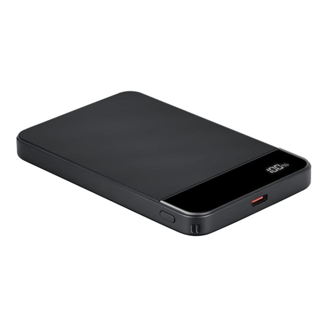 A black wireless power bank with a sleek design, featuring a logo and a USB-C port.