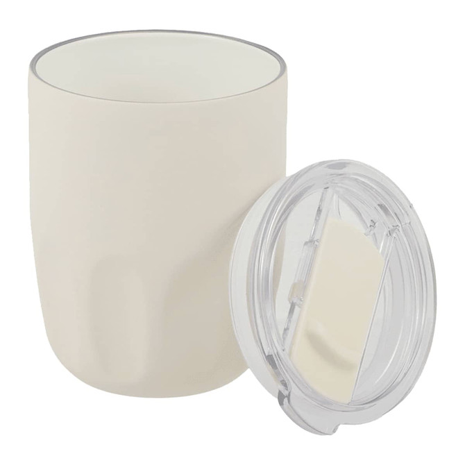 A drink bottle with a beige ceramic-lined body and a clear lid, featuring a logo.