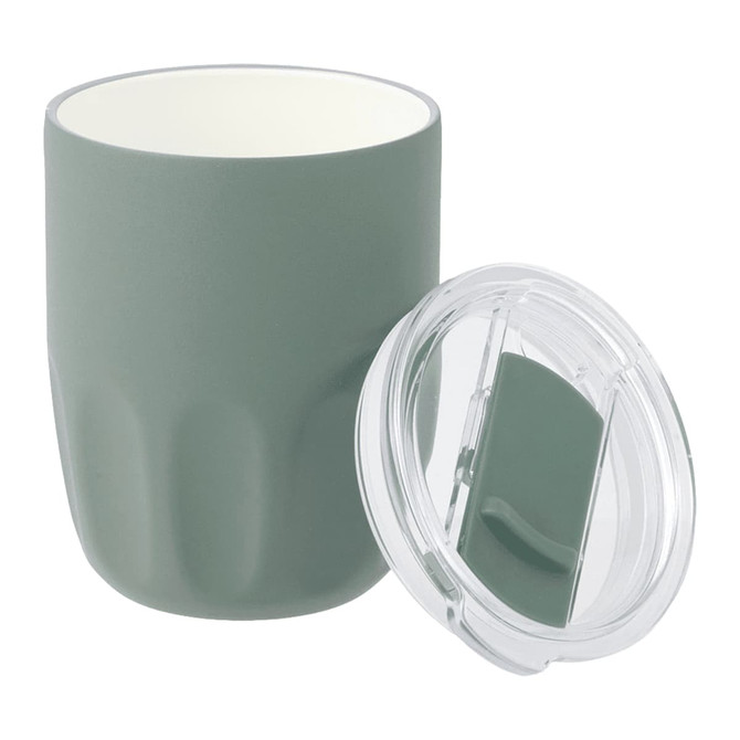 A drink bottle featuring a matte green exterior and a ceramic liner, with a clear lid. It has a logo.