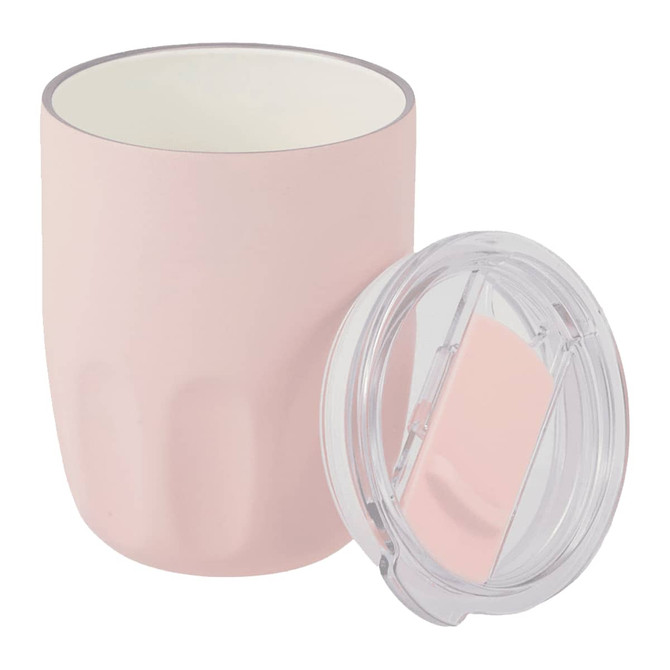 A drink bottle in soft pink with a ceramic liner and a clear, removable lid, featuring a logo.