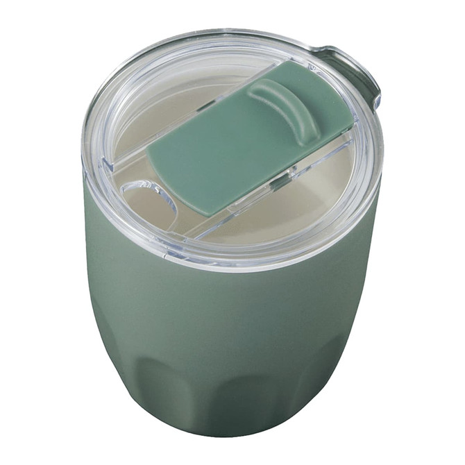 A drink bottle featuring a green exterior with a clear lid and a ceramic liner, suitable for hot beverages.