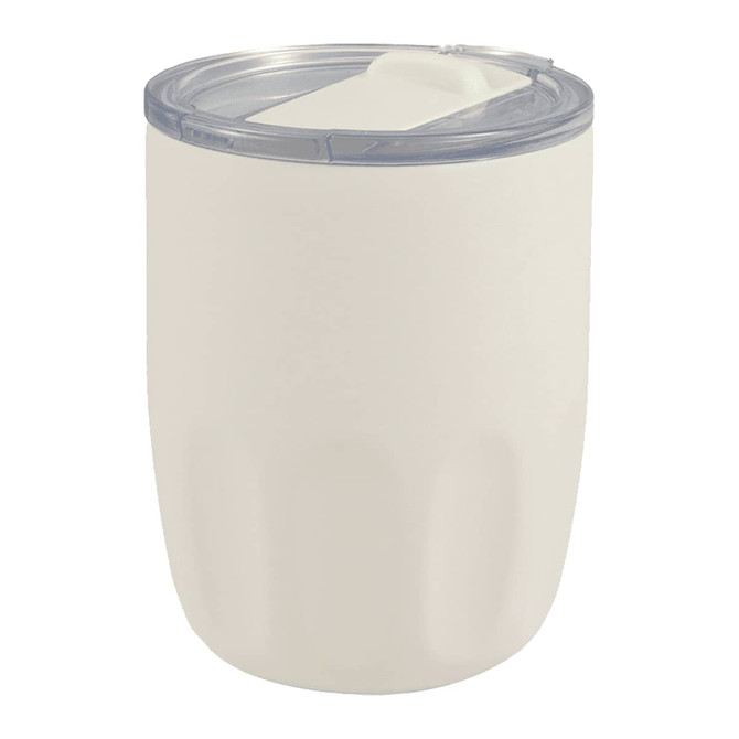 A drink bottle in cream with a clear lid, featuring a ceramic liner. Includes a branding logo.