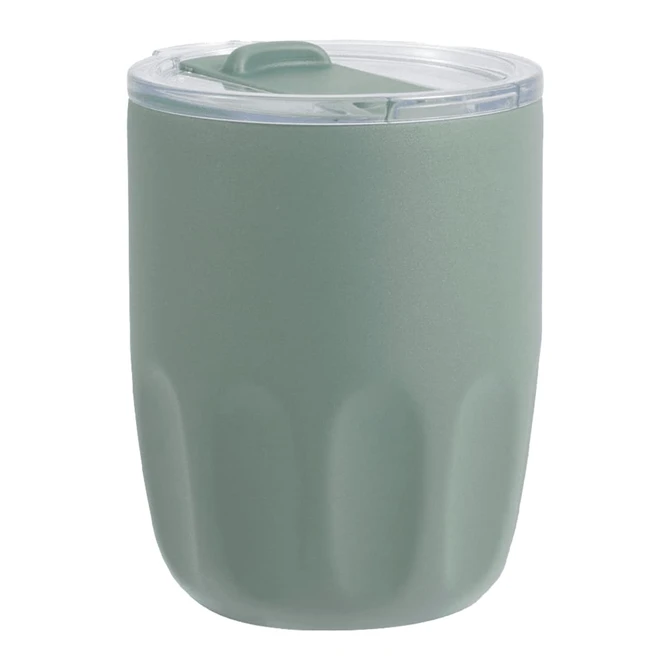 A drink bottle in matte sage green with a clear plastic lid and a textured design. It features a branding logo.
