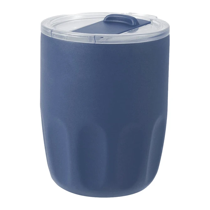A drink bottle featuring a dark blue finish and a clear lid, with a smooth ceramic liner and a branding logo.