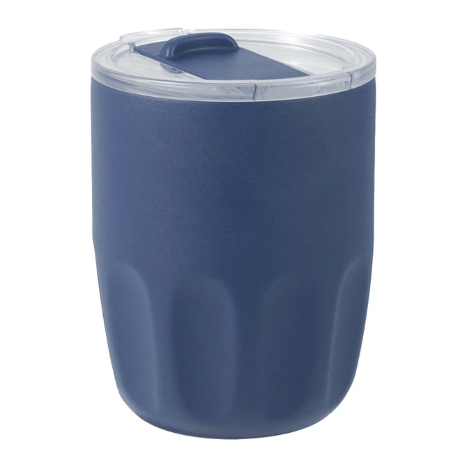 A drink bottle in navy blue with a transparent lid and a textured design. It features a logo on the surface.