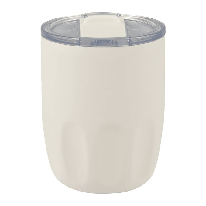 A drink bottle with a white exterior and clear lid, featuring a logo, designed for hot or cold beverages.