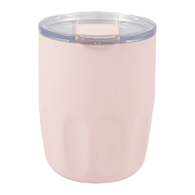 A drink bottle in a soft pink colour with a transparent lid and a logo on the side.