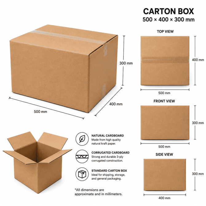 A medium brown cardboard carton box measuring 500 × 400 × 300 mm with a corrugated texture and a logo.