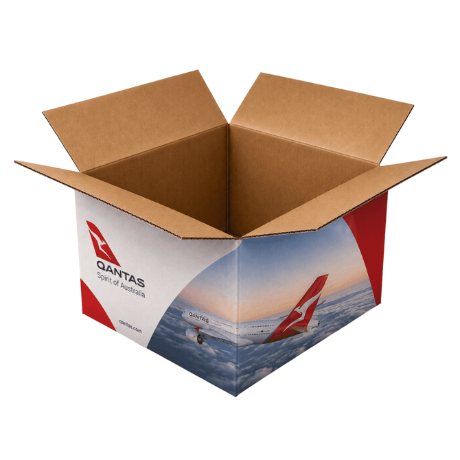 A medium carton box (50 × 40 × 30 cm) in brown and featuring a logo, with an open design showing interior space.