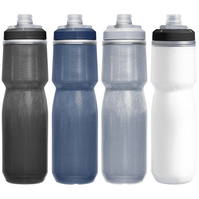 A drink bottle collection in black, dark blue, light blue, and white, featuring a brand logo.