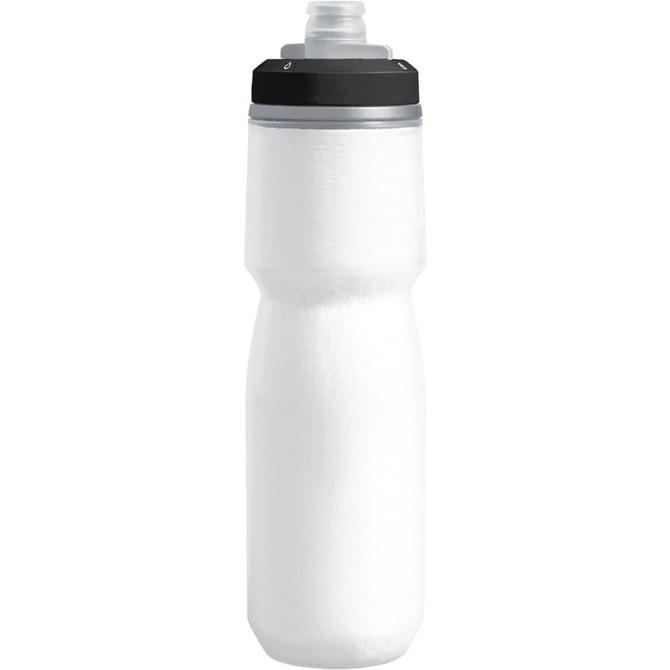 A drink bottle in white with a black lid, featuring a sports drink spout and a sleek design.