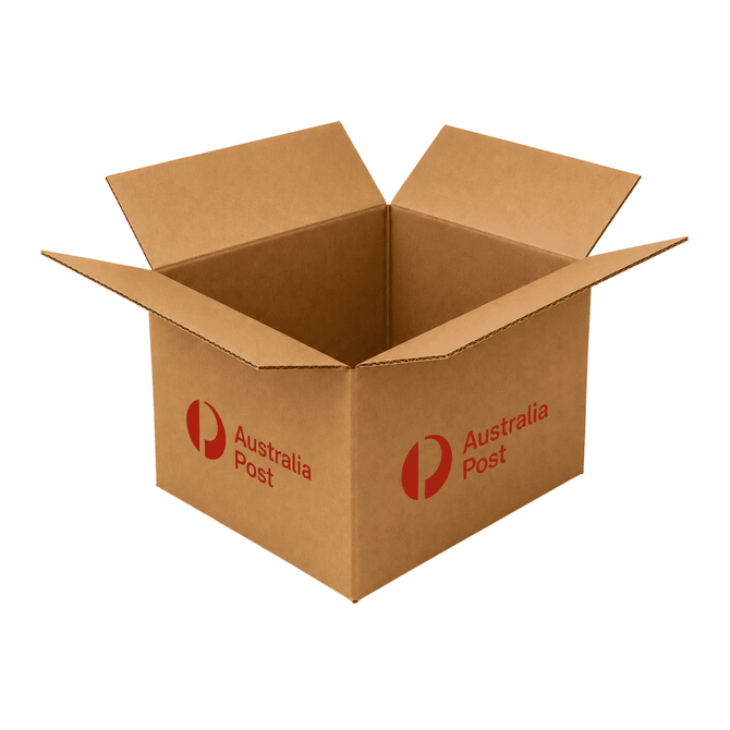 A small brown carton box, measuring 40 × 30 × 25 cm, featuring a logo on one side.