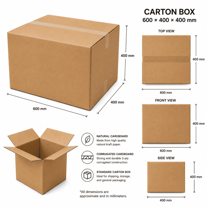 A large brown carton box, measuring 60 × 40 × 40 cm, with various view diagrams and a logo.
