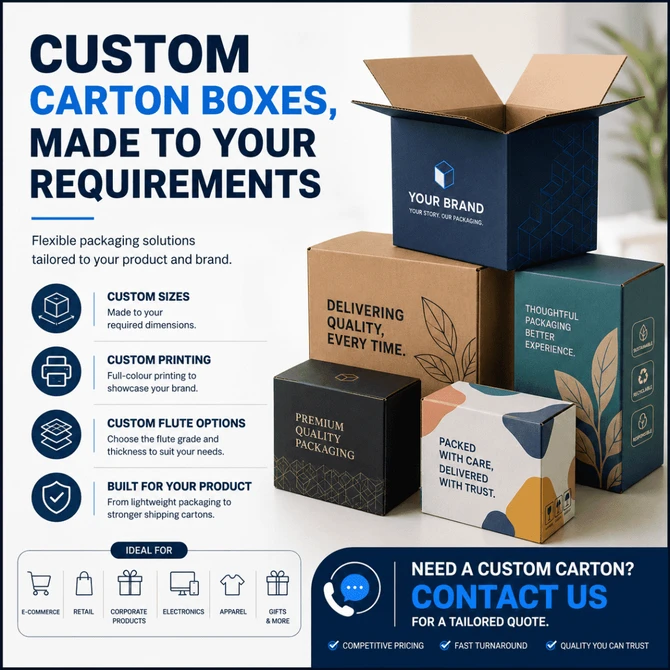 A variety of small carton boxes in different colours, featuring a logo and promotional text on packaging solutions.