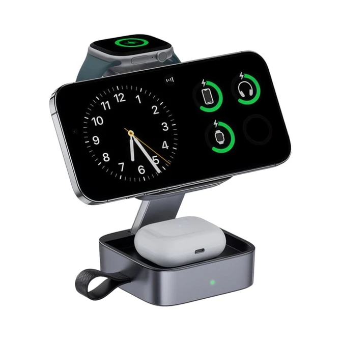 A 15W magnetic wireless charging station in silver, featuring a phone holder, smartwatch dock, and AirPods charging slot.