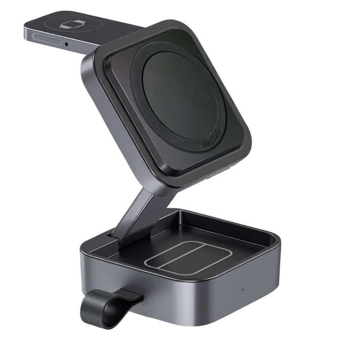 A black 3-in-1 wireless charging station with a magnetic design for devices, featuring a sleek and modern appearance.