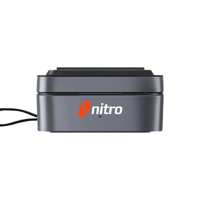 A grey charging station with a logo, featuring a vertical design and a cable attachment.