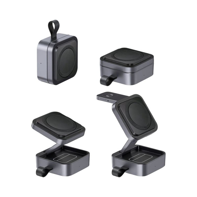 A grey 3-in-1 magnetic wireless charging station with a foldable design and a small handle. It has a logo on the surface.