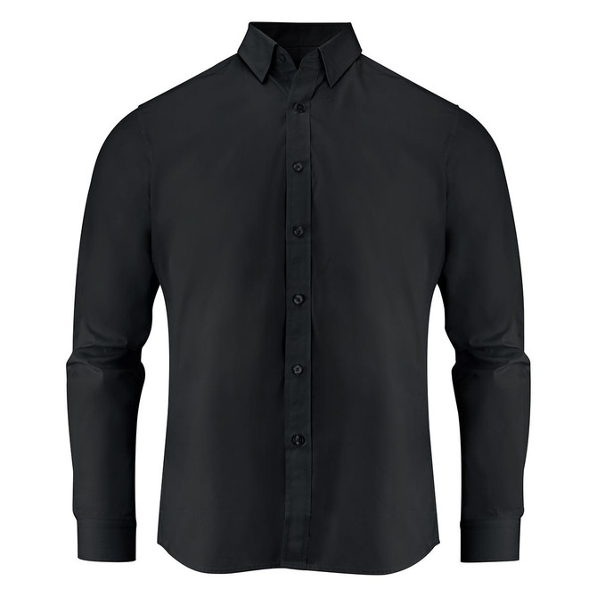 A black men's shirt with a button-up front and long sleeves. The shirt has a collar and a logo.