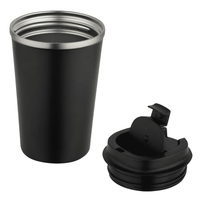 A drink bottle featuring a black double wall vacuum tumbler with a silver rim and a separate black lid.