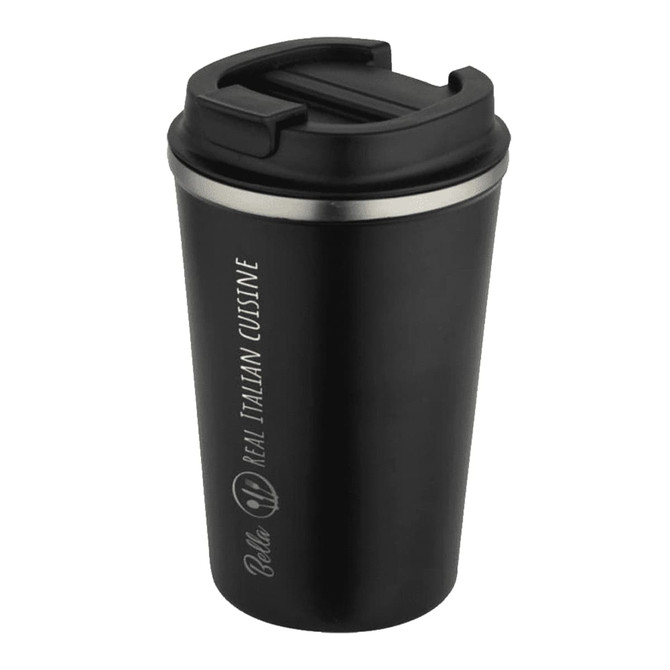 A drink bottle in matte black with a stainless steel lid and a logo on the side. It has a double wall vacuum design.