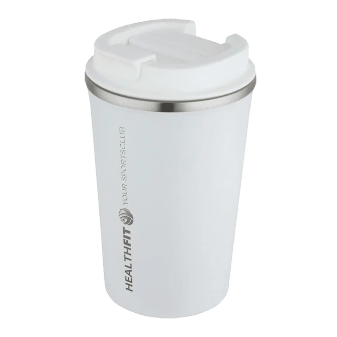 A drink bottle with a double wall design, featuring a white exterior, stainless steel rim, and a lid. Includes a logo.
