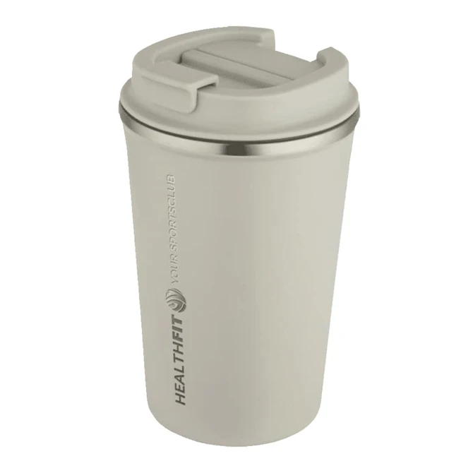 A drink bottle with a double wall, vacuum insulated design, featuring a cream colour and a lid, includes a logo.